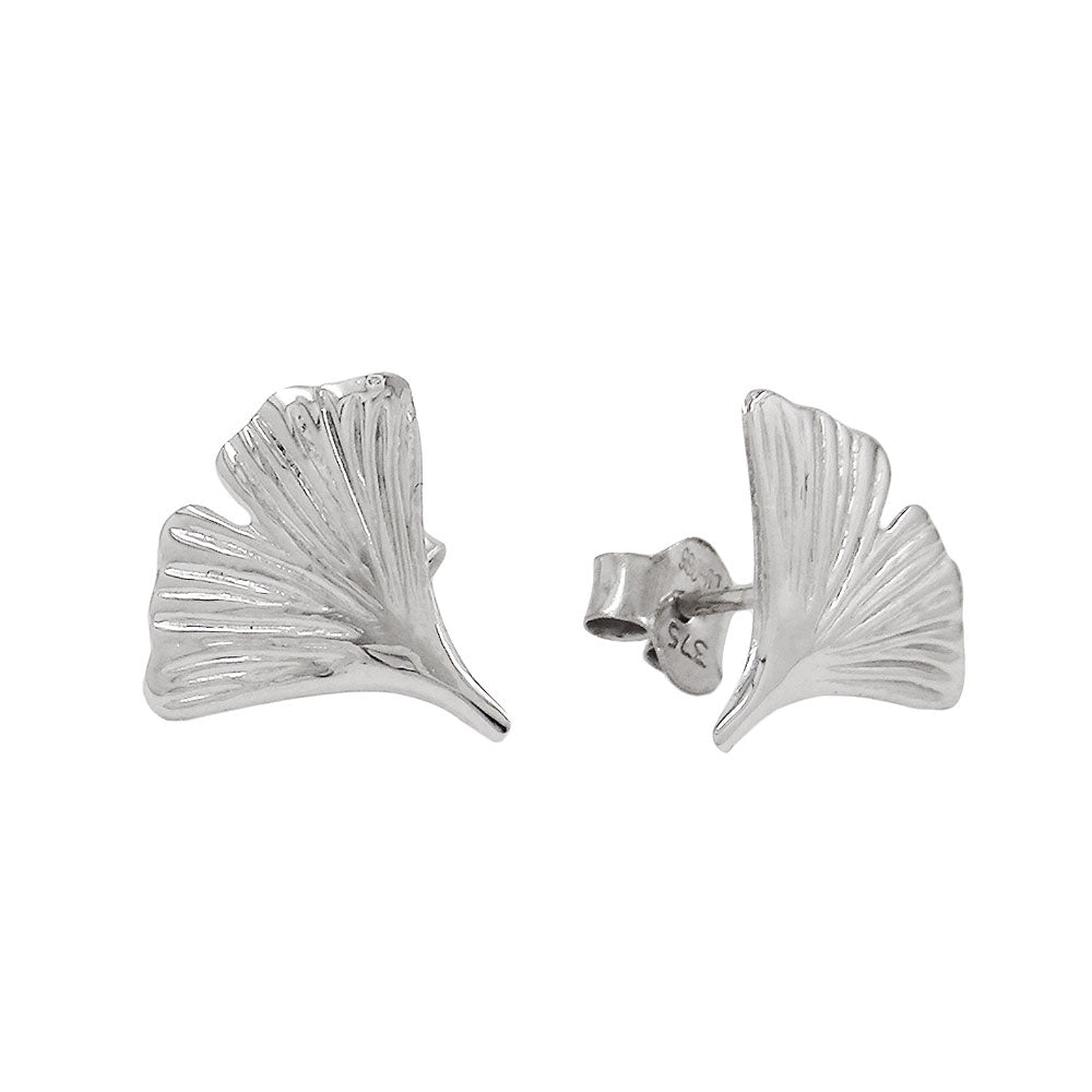 stud earrings 12mm ginkgo leaf shiny 9k white gold