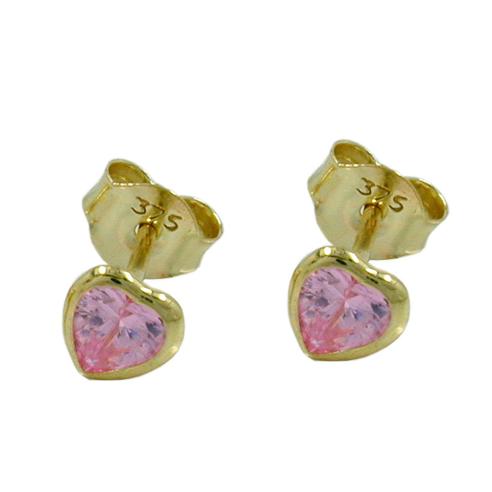 stud earrings zirconia pink heart 9k gold