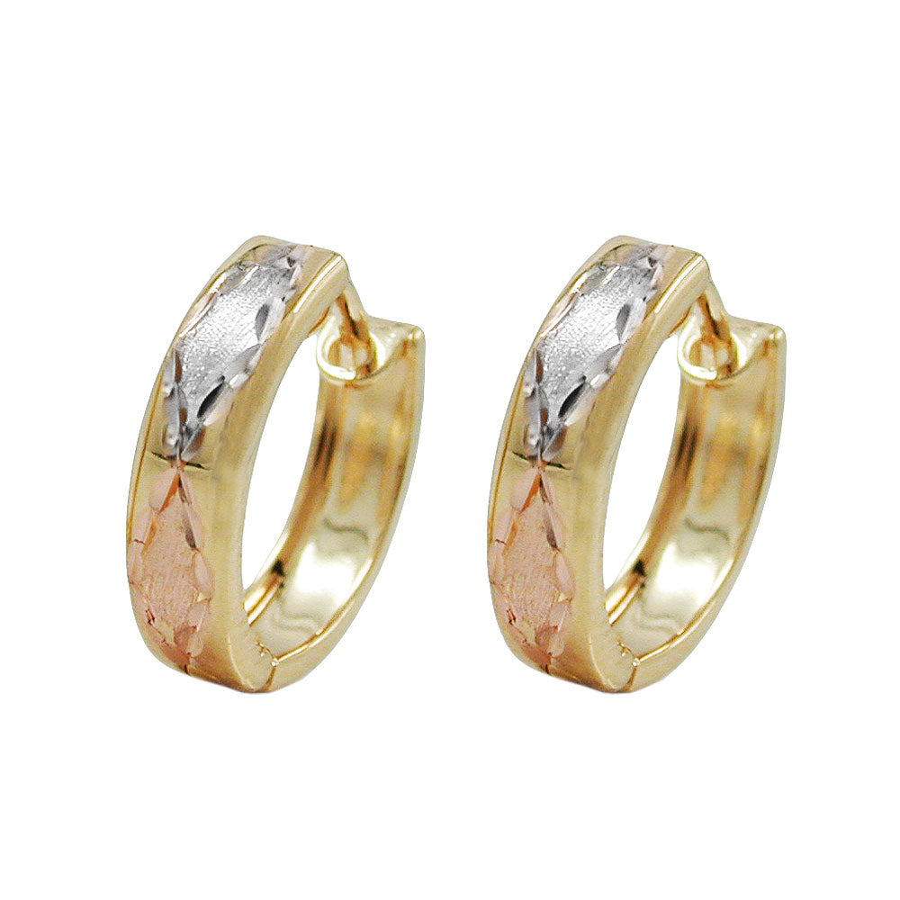 hoop earrings 12x3mm hinged tricolor diamond 9k gold