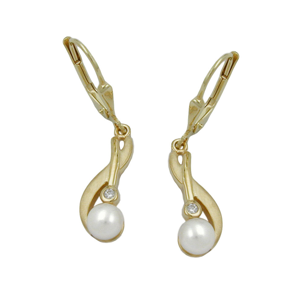 leverback dangle earrings 30x6mm freshwater cultured pearl cubic zirconia 9k gold
