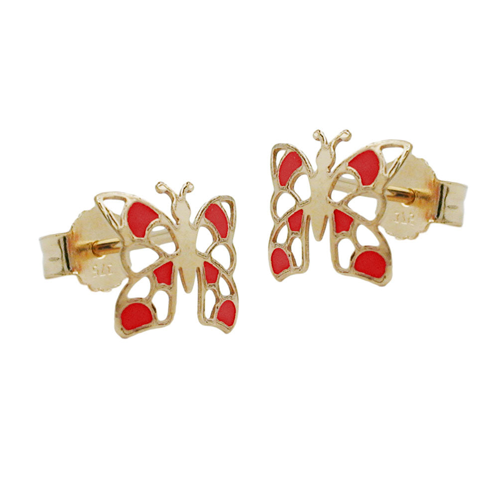 stud earrings 7x8 mm butterfly red enameled 9k gold