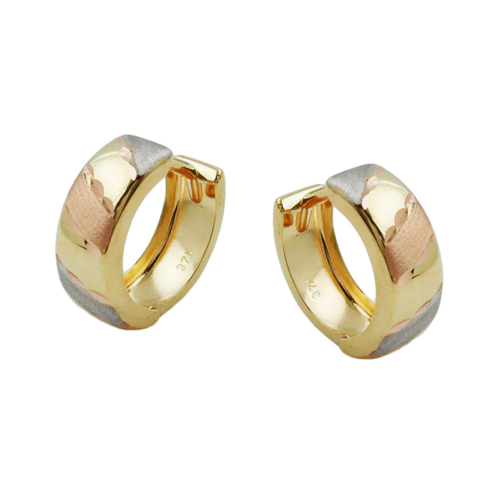 hoop earrings 12x5mm hinged tricolor diamond cut 9k gold