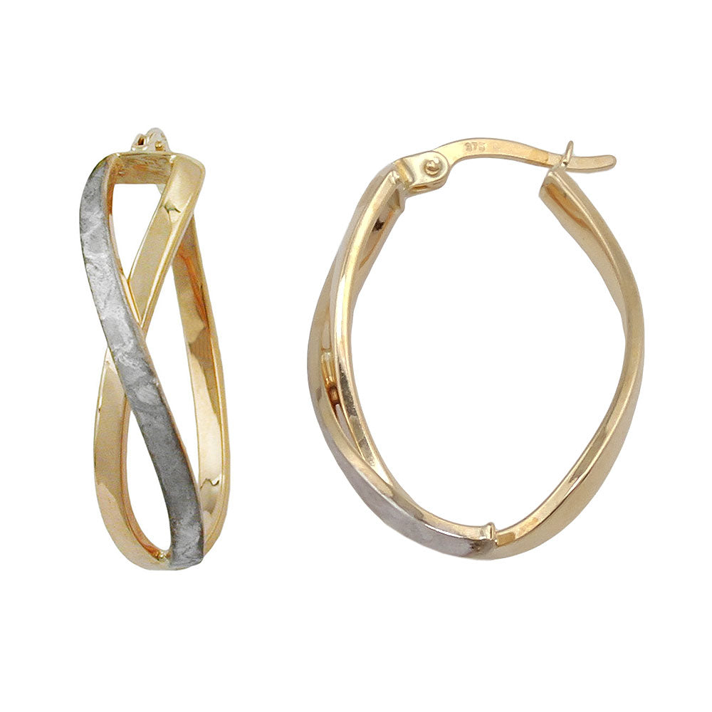 hoop earrings 26x7mm crossed bicolor part-rhodium plated matted 9k gold