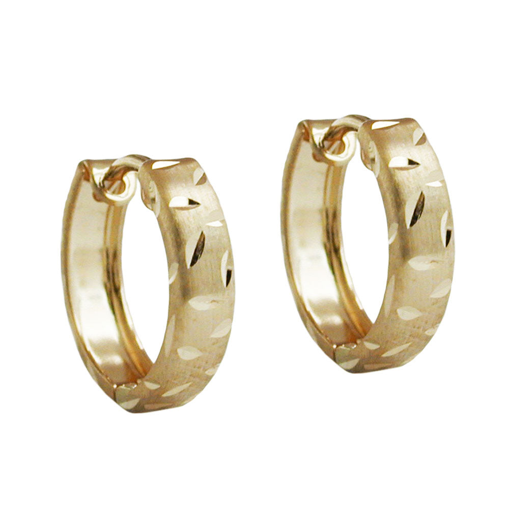 hoop earrings 11x3mm hinged matte finish diamond cut 9k gold