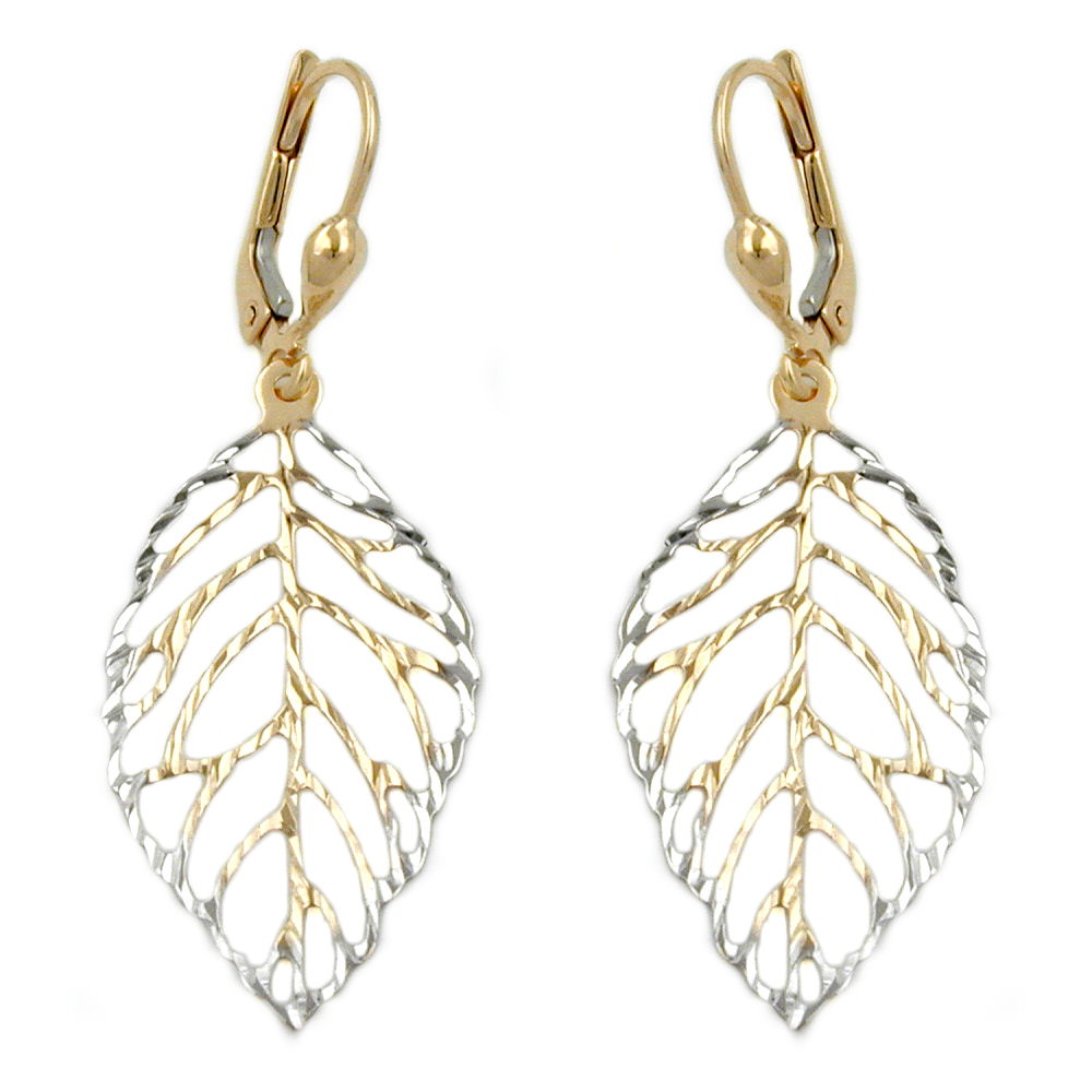 leverback earrings dangle 45x16mm leafs openwork bicolour 9k gold