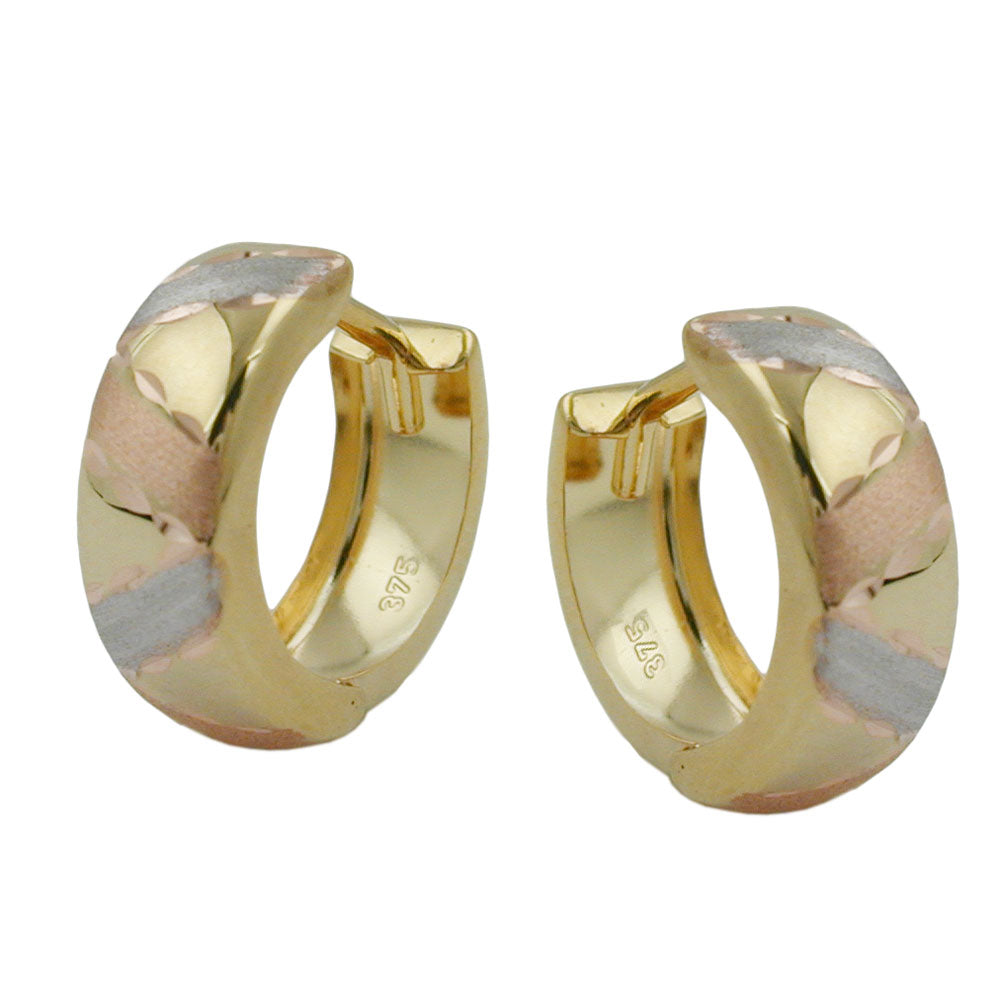 hoop earrings 12x5mm hinged hoop tri-color diamond cut 9k gold