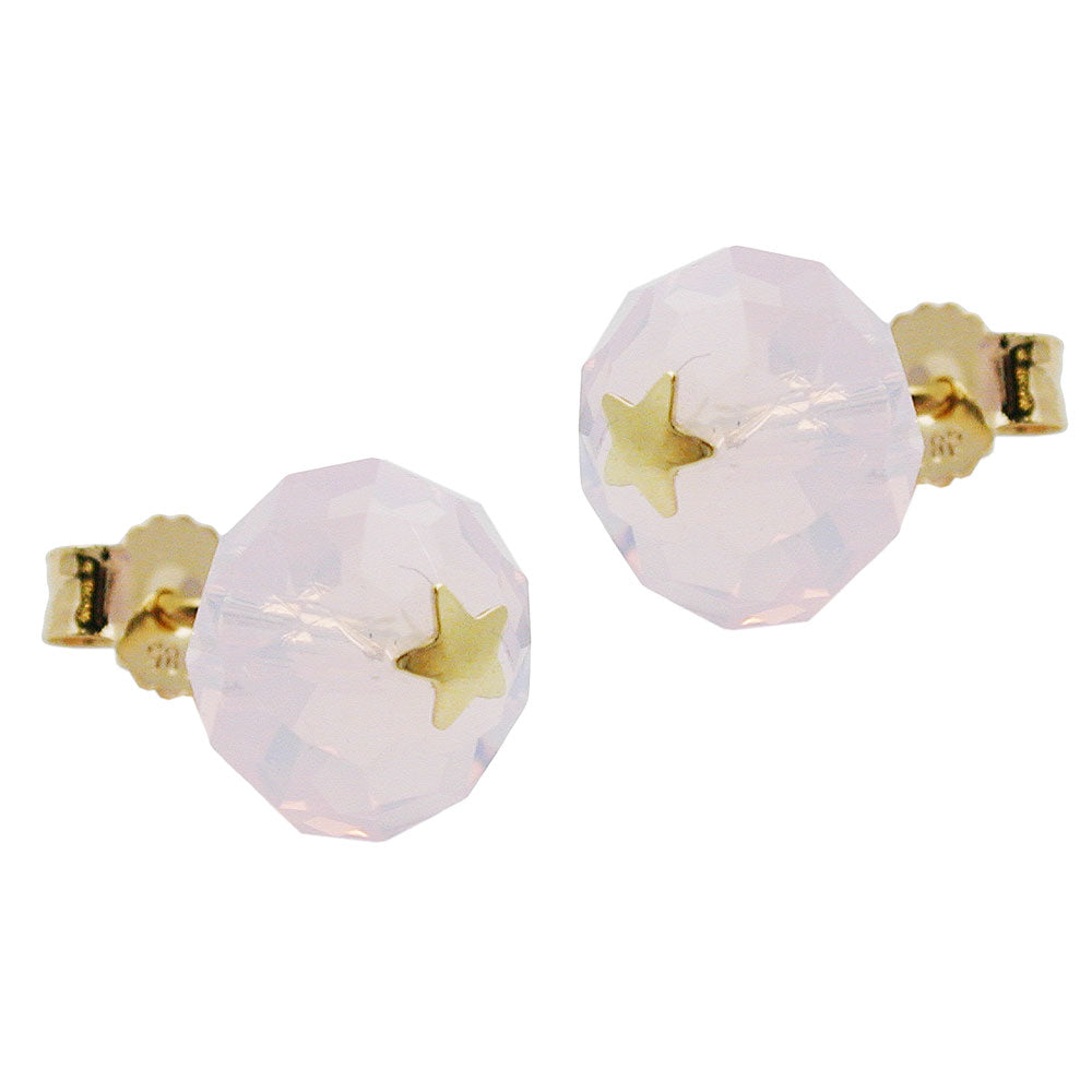 stud earrings 6mm faceted glass bead milky-pink with golden star 14k gold