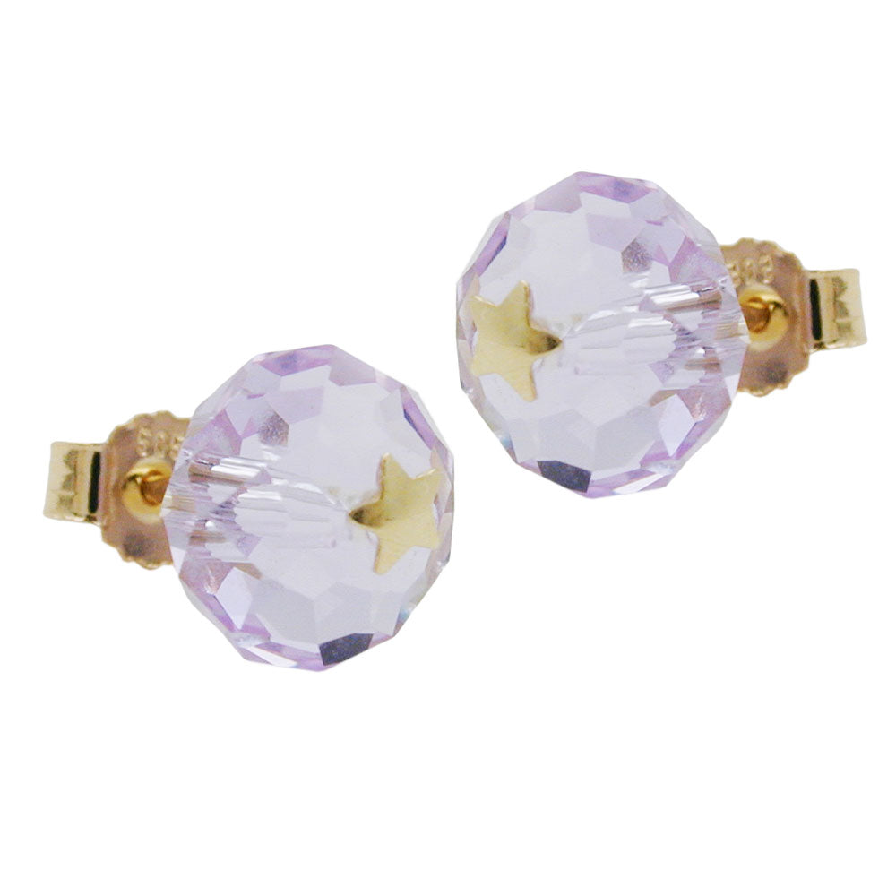 stud earrings 6mm faceted glass bead lavender light purple with star 14kt gold