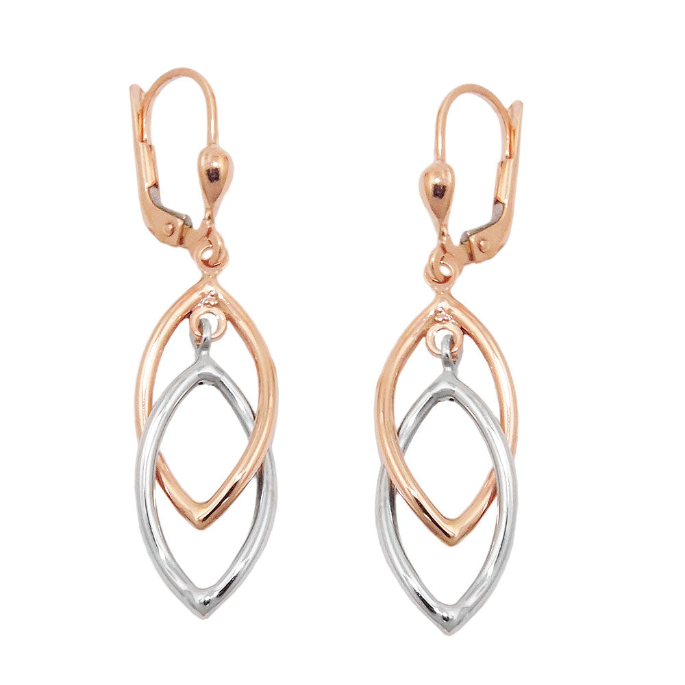 leverback earrings dangles 43x10mm 2 ovals bicolor with white gold 9k rose gold