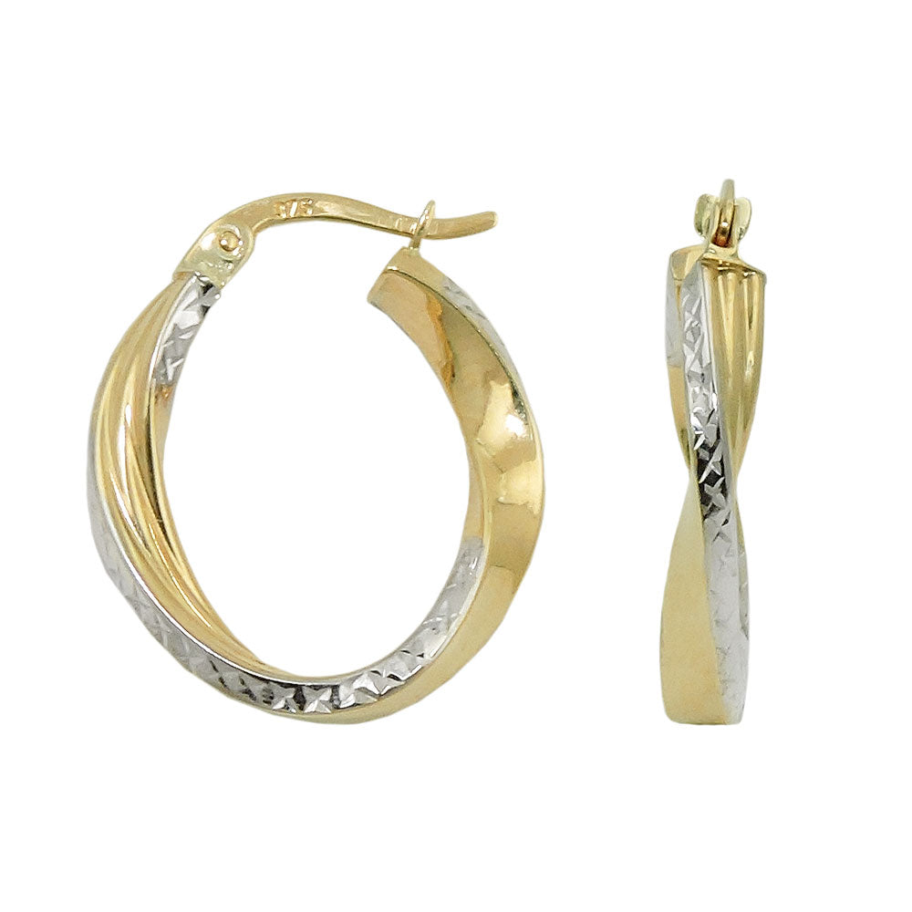 hoop earrings 20x18x3mm oval bicolor twisted diamond cut 9k gold