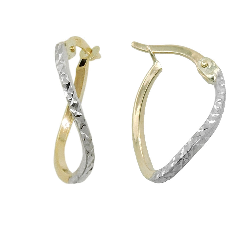 hoop earring 17x12x1mm bicolor rhodium plated diamond cut 9k gold